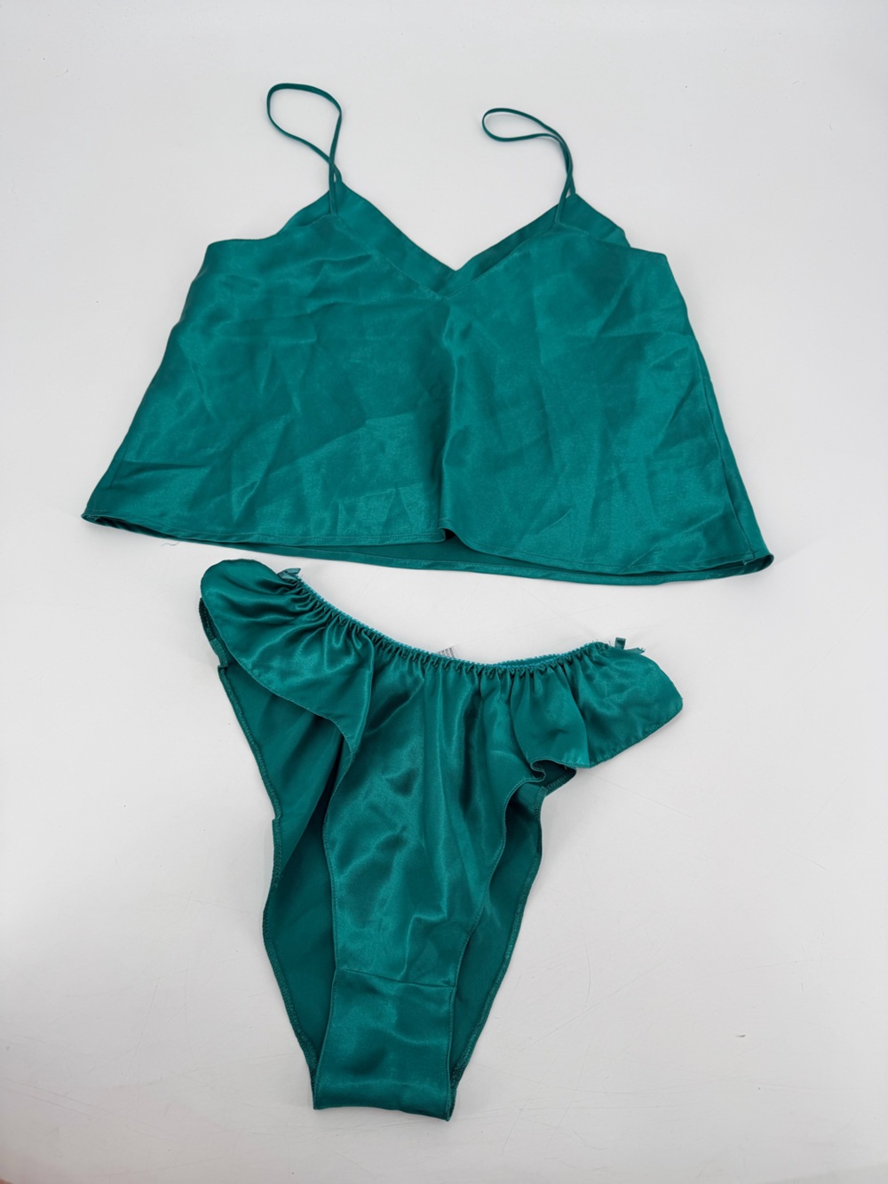 Vintage 90s Fredrick’s of Hollywood Green Satin High Leg Lingerie Set Small